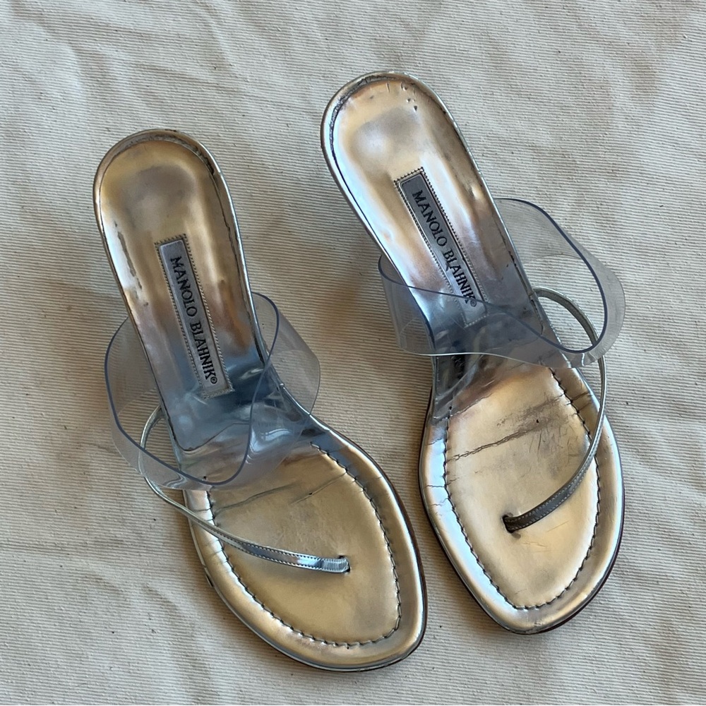 Manolo Blahnik Silver and Clear Thong Sandals 6